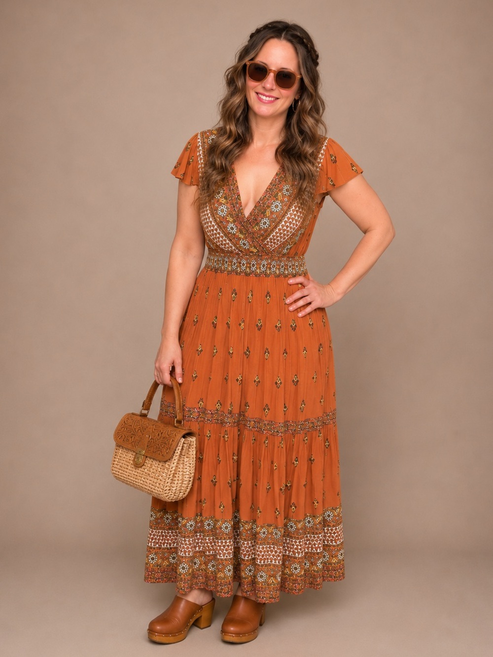 Ces Femme Rust Floral Maxi Dress with Embroidered Waist